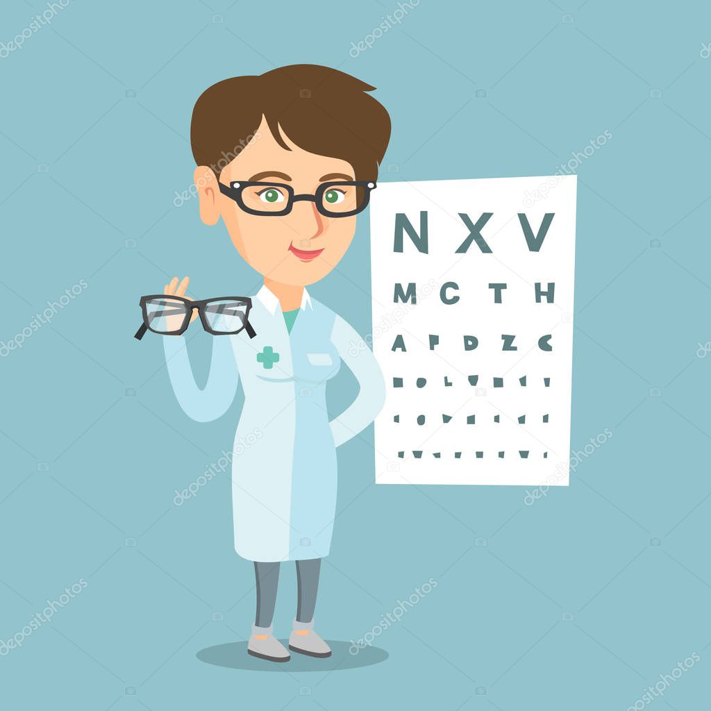 Caucasian ophthalmologist holding eyeglasses.
