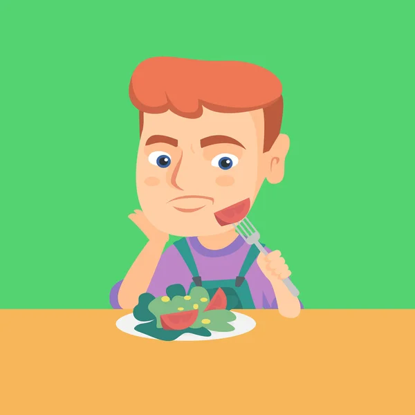 Menino se recusa a comer salada com legumes saudáveis . — Vetor de Stock
