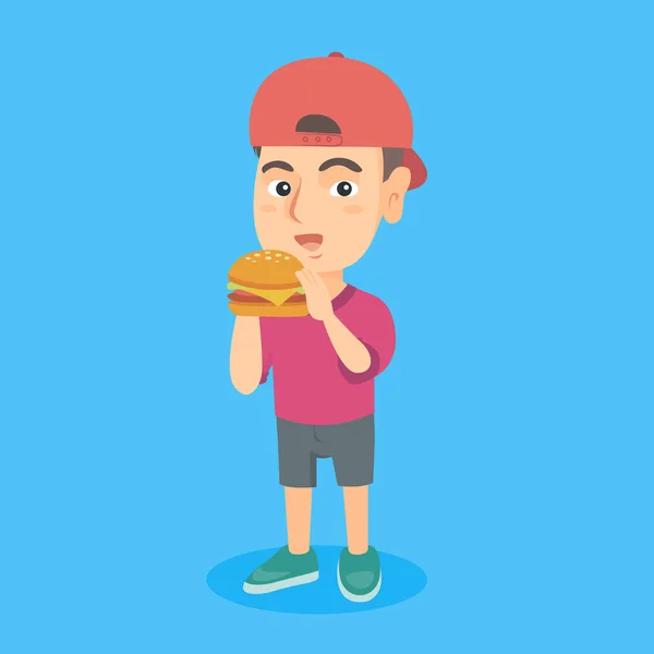 Lilla kaukasiska pojken äta en hamburgare. — Stock vektor