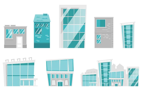 Edificios modernos vector ilustraciones de dibujos animados conjunto . — Vector de stock