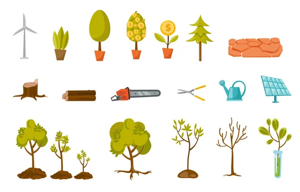 Trees and plant vector cartoon illustrations set. — Stock Vector