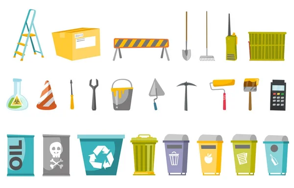 Insieme illustrativo di utensili da costruzione e bidoni dei rifiuti — Vettoriale Stock
