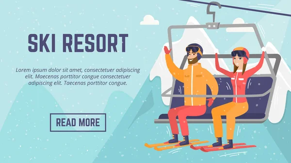 Kaukázusi pár síelők kötélpálya segítségével ski resort. — Stock Vector