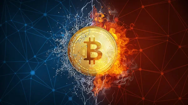 Gold bitcoin coin hard fork in fire flame, lightning and water splashes. — Stock Photo, Image