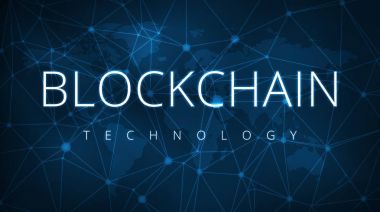 Blockchain teknoloji fütüristik hud afiş.