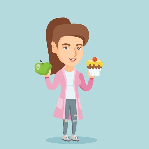 Femme caucasienne choisir entre pomme et cupcake — Image vectorielle