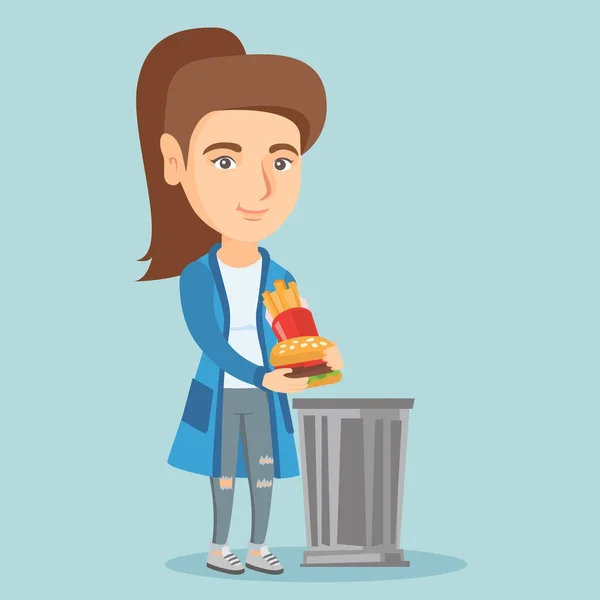 Frau wirft Junk Food in den Mülleimer. — Stockvektor