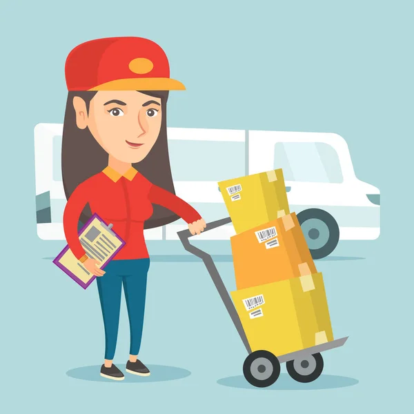 Delivery courier with cardboard boxes on troley. — Stock Vector