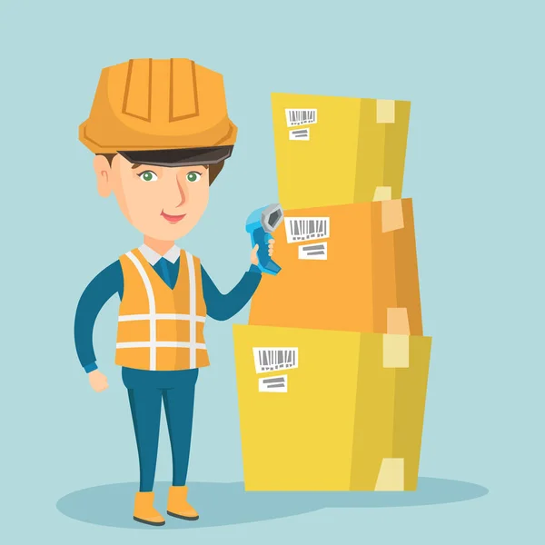 Caucasian warehouse worker scanning barcode on box — Stock Vector