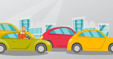 Araba içinde sinirli beyaz adam trafik sıkışıklığı içinde sıkışmış.