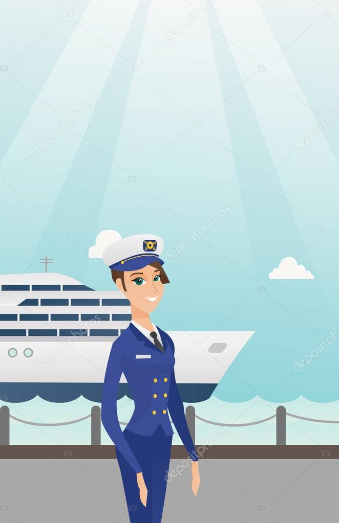 Caucasian ship captain in uniform at the port.