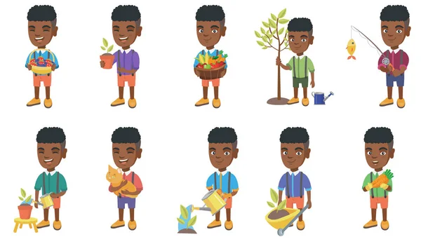 Conjunto de ilustrações de vetor pequeno menino africano . — Vetor de Stock