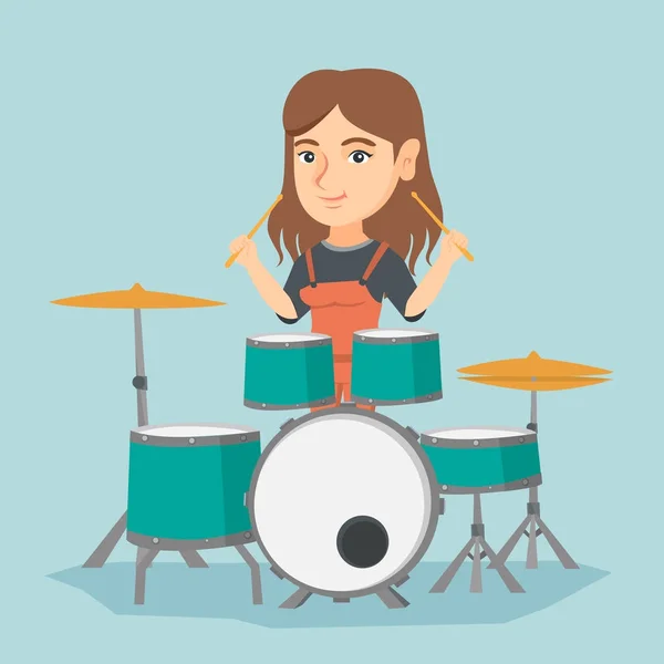 Молодая белая женщина, играющая на барабане . — стоковый вектор