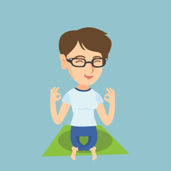 Mujer caucásica meditando en pose de loto . — Vector de stock