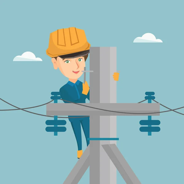 Electrician working on electric power pole. — Stock Vector