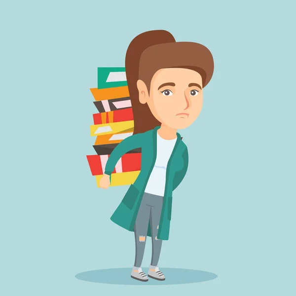 Estudiante llevando una pesada pila de libros en la espalda . — Vector de stock