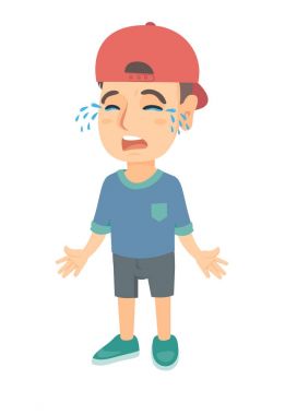 Bir kap hıçkıra hıçkıra içinde üzgün beyaz çocuk.