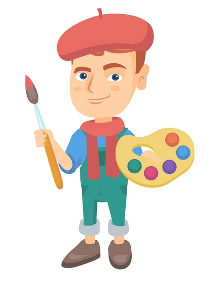 Boy dressed as an artist holding brush and paints. — Stock Vector
