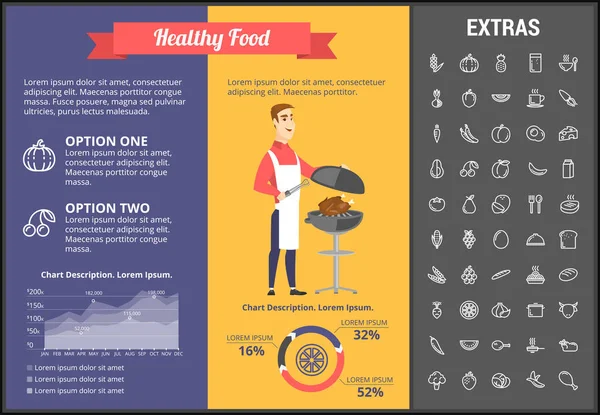 Modelo infográfico de comida saudável, elementos, ícones —  Vetores de Stock