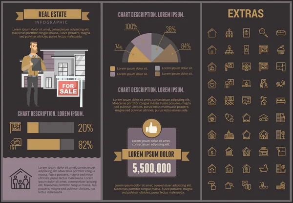 Vastgoed infographic sjabloon, elementen, pictogrammen. — Stockvector