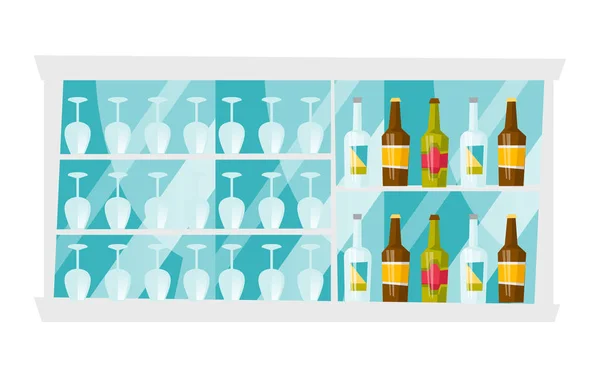 Scaffali con bottiglie e bicchieri vettore cartone animato . — Vettoriale Stock