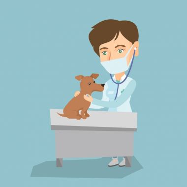 Genç Beyaz veteriner muayene köpek.