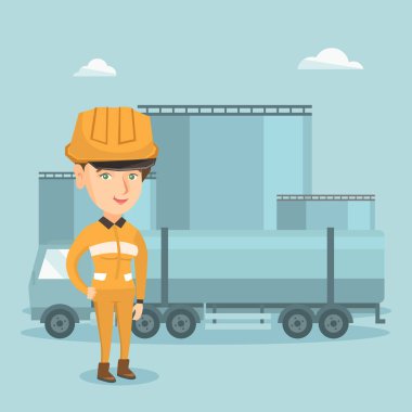 Yakıt kamyonu ve petrol tesisi arka plan üzerinde kız