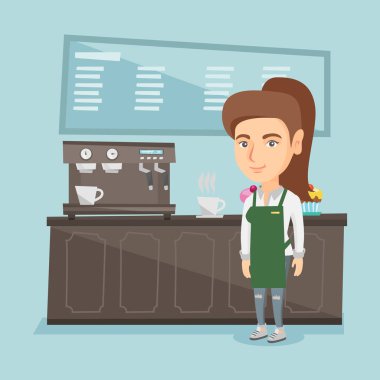 Barista ayakta yakınındaki kahve makinesi.