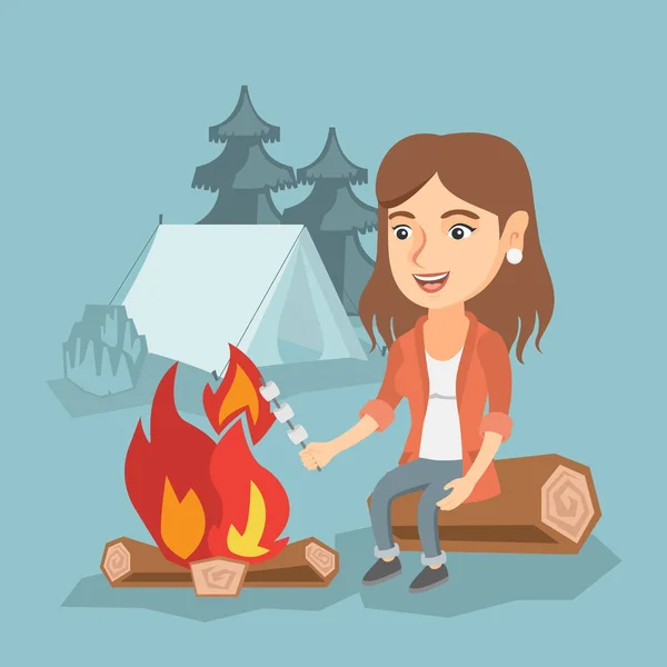 Menina caucasiana assar marshmallow sobre fogueira . — Vetor de Stock