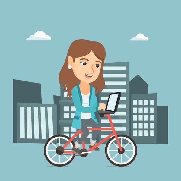 Zakenvrouw een fiets met een laptop. — Stockvector