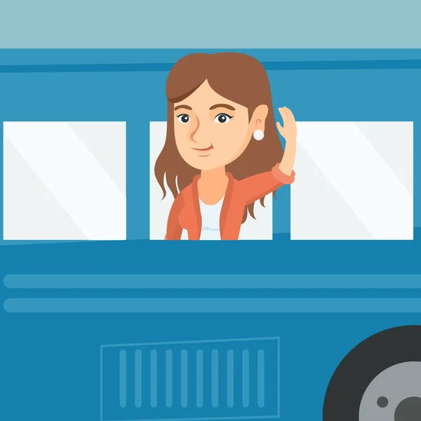 Joven mujer caucásica agitando la mano desde la ventana del autobús . — Vector de stock