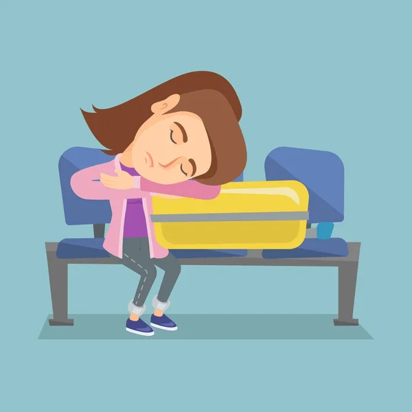 Mujer cansada durmiendo en la maleta en el aeropuerto . — Vector de stock