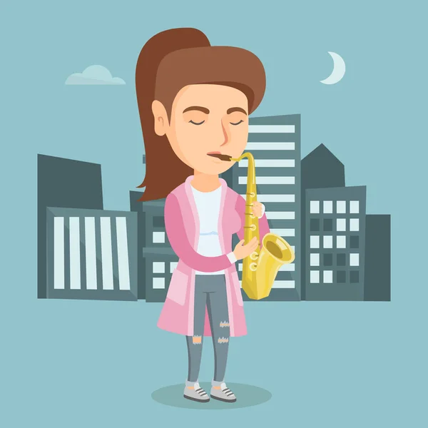 Young caucasian musician playing the saxophone. — Stock Vector