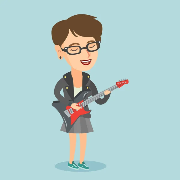 Καυκάσιος γυναίκα παίζει ηλεκτρική κιθάρα. — Διανυσματικό Αρχείο