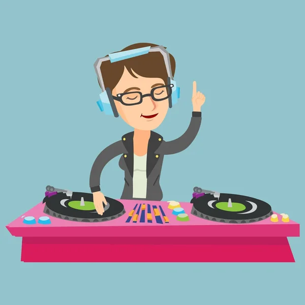 Young caucasian DJ mixing music on turntables. — Stock Vector