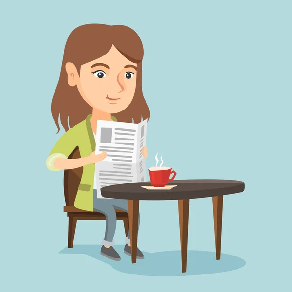 Mujer leyendo un periódico y tomando café . — Vector de stock