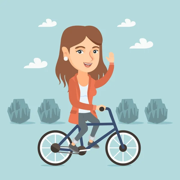 Jovem caucasiano mulher andar de bicicleta no parque . — Vetor de Stock