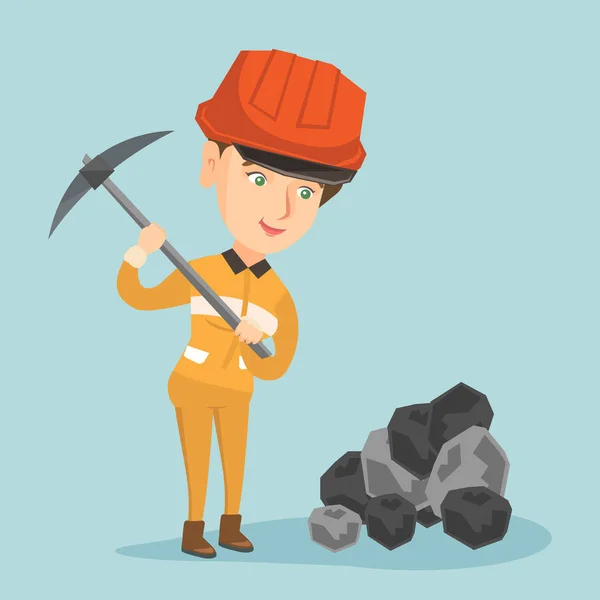Beyaz madenci sert şapkalı bir kazma ile çalışma — Stok Vektör