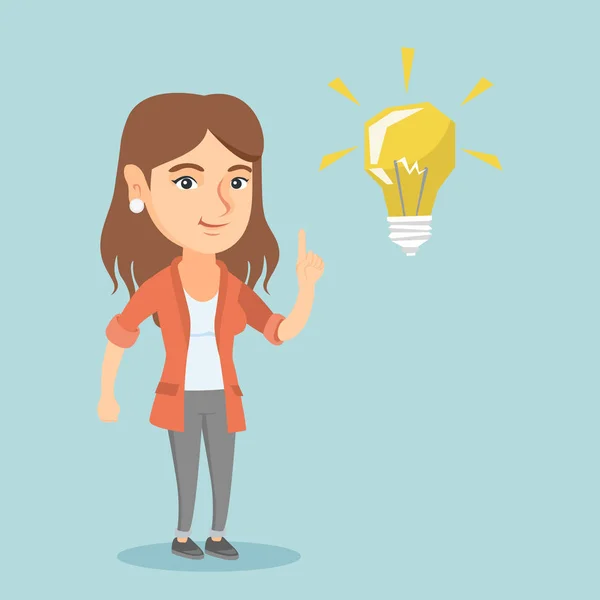 Young caucasian student pointing at idea lightbulb — Stock Vector