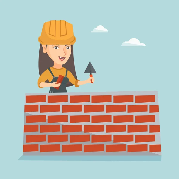 Young caucasian bricklayer building a brick wall. — Stock Vector