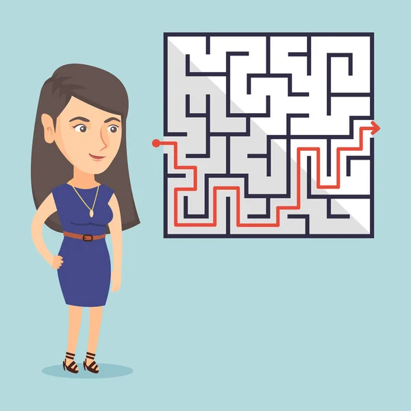 Geschäftsfrau sucht Labyrinth mit Lösung — Stockvektor