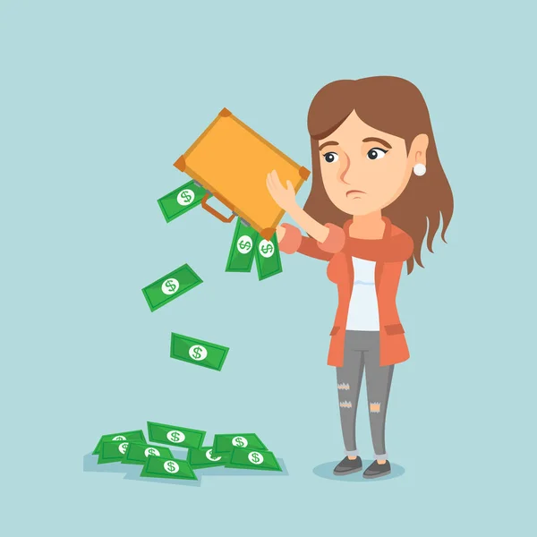 Mujer sin un centavo sacando dinero del maletín . — Vector de stock