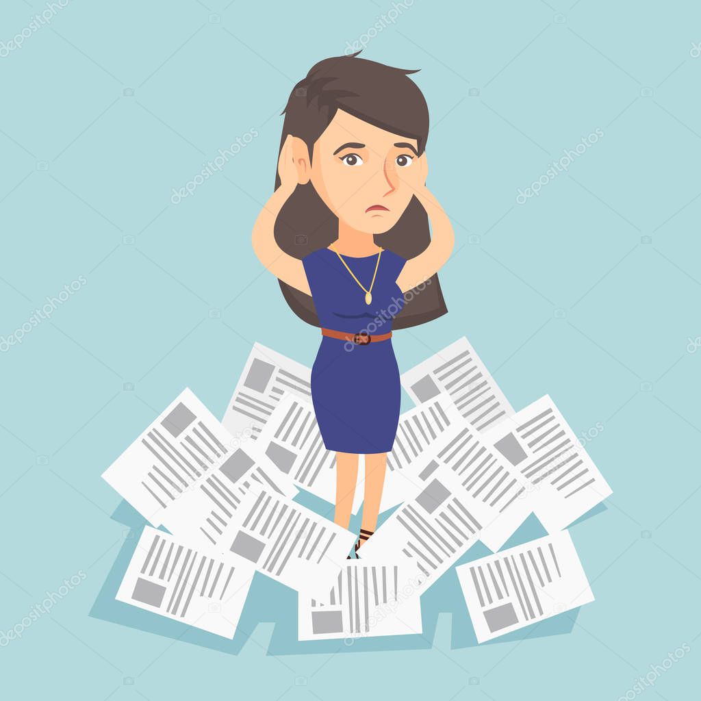 Stressed business woman having lots of work to do.