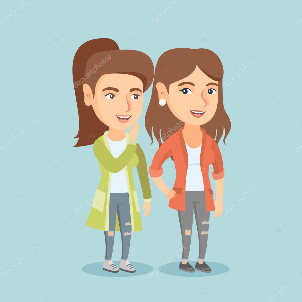 Young Caucasian Woman Shielding Her Mouth And Whispering A Gossip To Her Friend Two Happy Women Sharing Gossips Smiling Friends Discussing Gossips Vector Cartoon Illustration Square Layout Premium Vector In Adobe