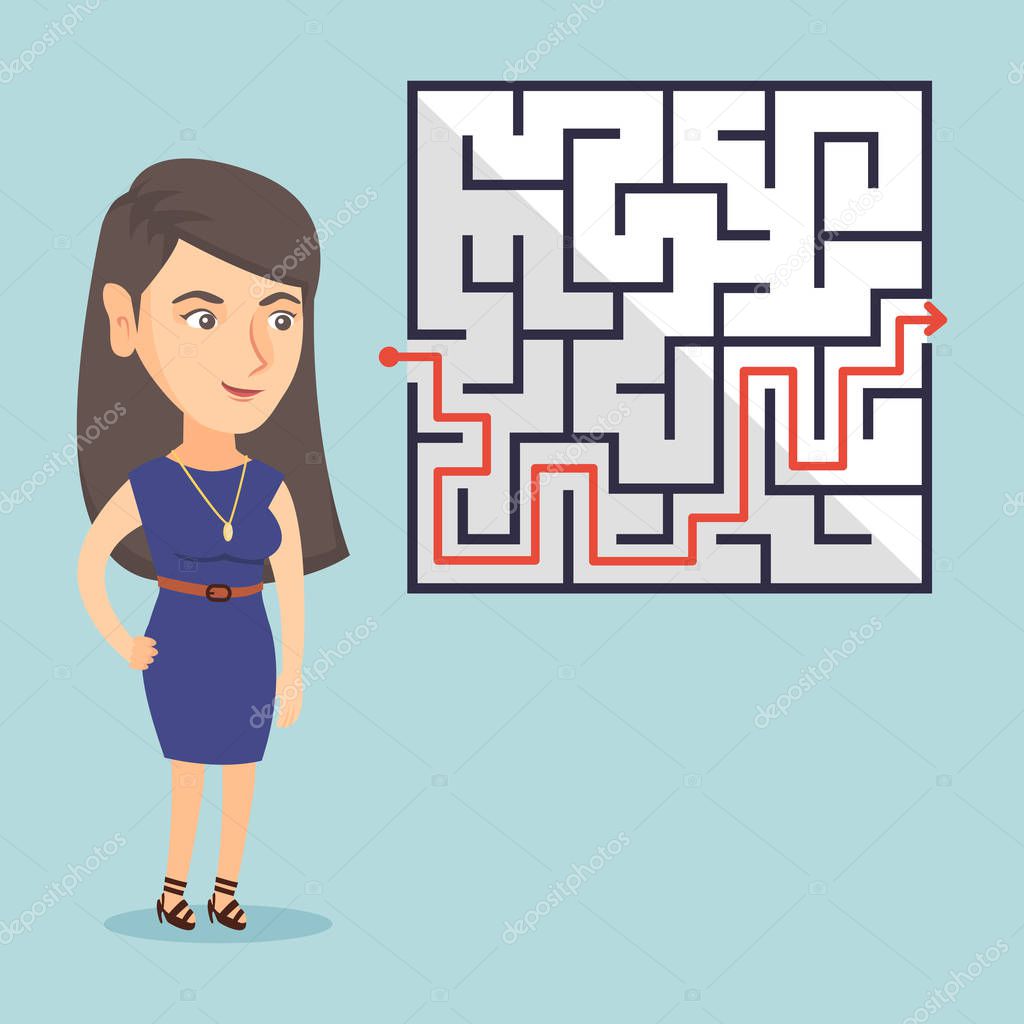 Business woman looking at labyrinth with solution