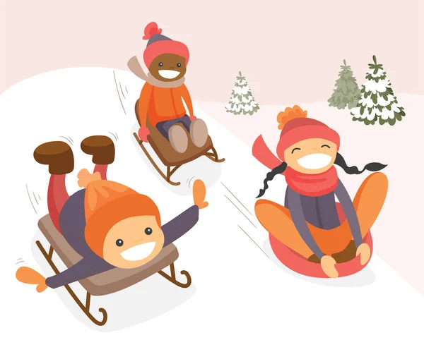 Group of multicultural kids enjoying a sleigh ride — Stock Vector