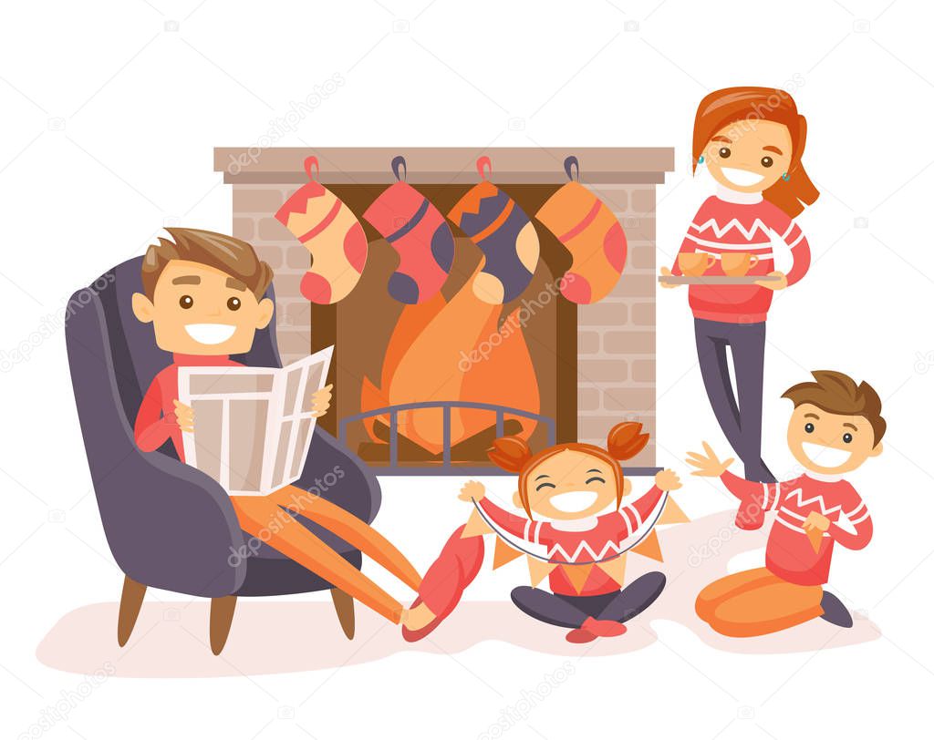 Family celebrating Christmas by the fireplace.