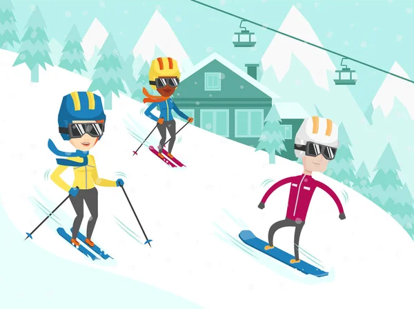 Wielokulturowym ludzi na nartach i snowboardzie. — Wektor stockowy