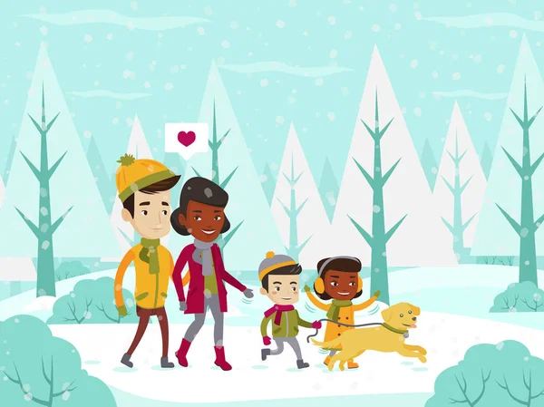 겨울 눈 덮인 숲에서 산책 하는 다민족 가족. — 스톡 벡터