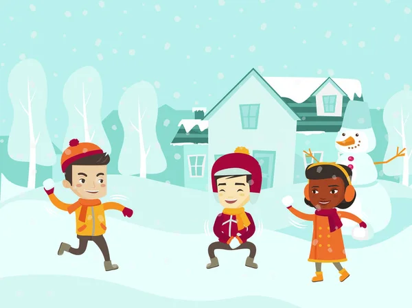 Multicultural children playing snowball fight. — Stock Illustration Multicultural children playing snowball fight. Royalty Free Stock Vectors